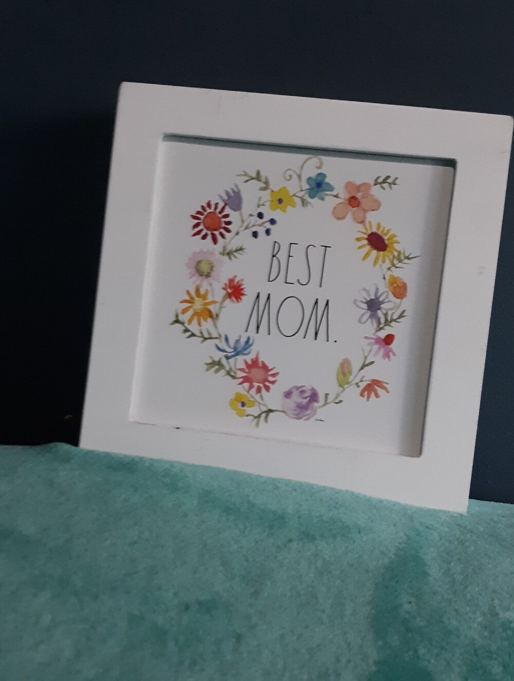 Rae Dunn Best Mom Wooden Sign Inset Box Frame New White Watercolor Floral 8x8